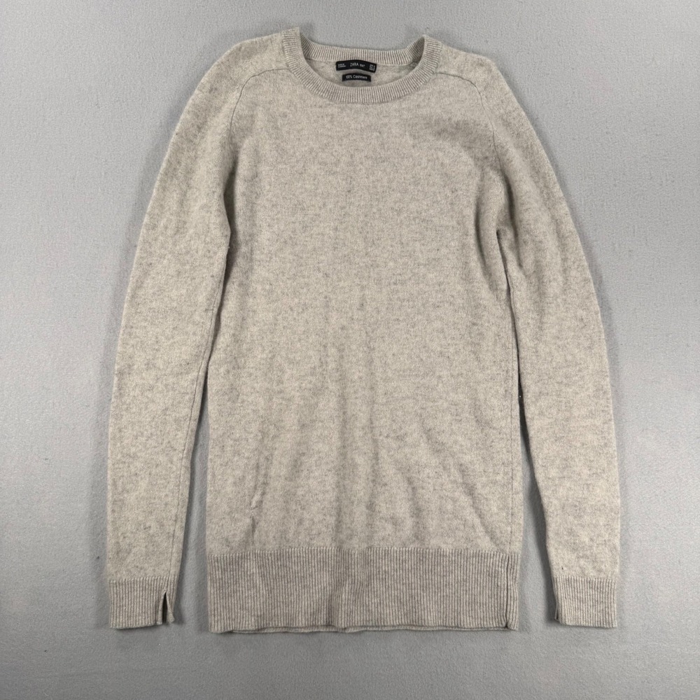 Zara Knit 100% Cashmere Sweater Womens Medium Gray Crewneck Long Sleeve Pullover